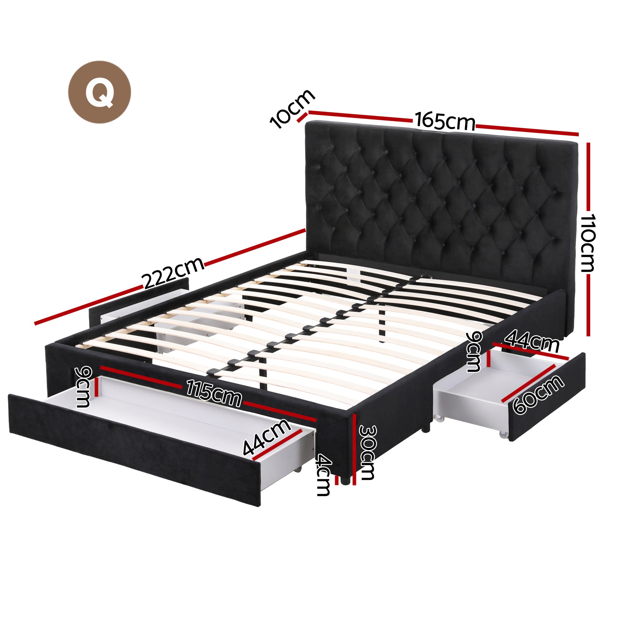 Artiss Queen Bed Frame Storage Charging Station Upholstered 3 Drawers USB Type-C BFRAME-G-LUNA-Q-BK-ABC