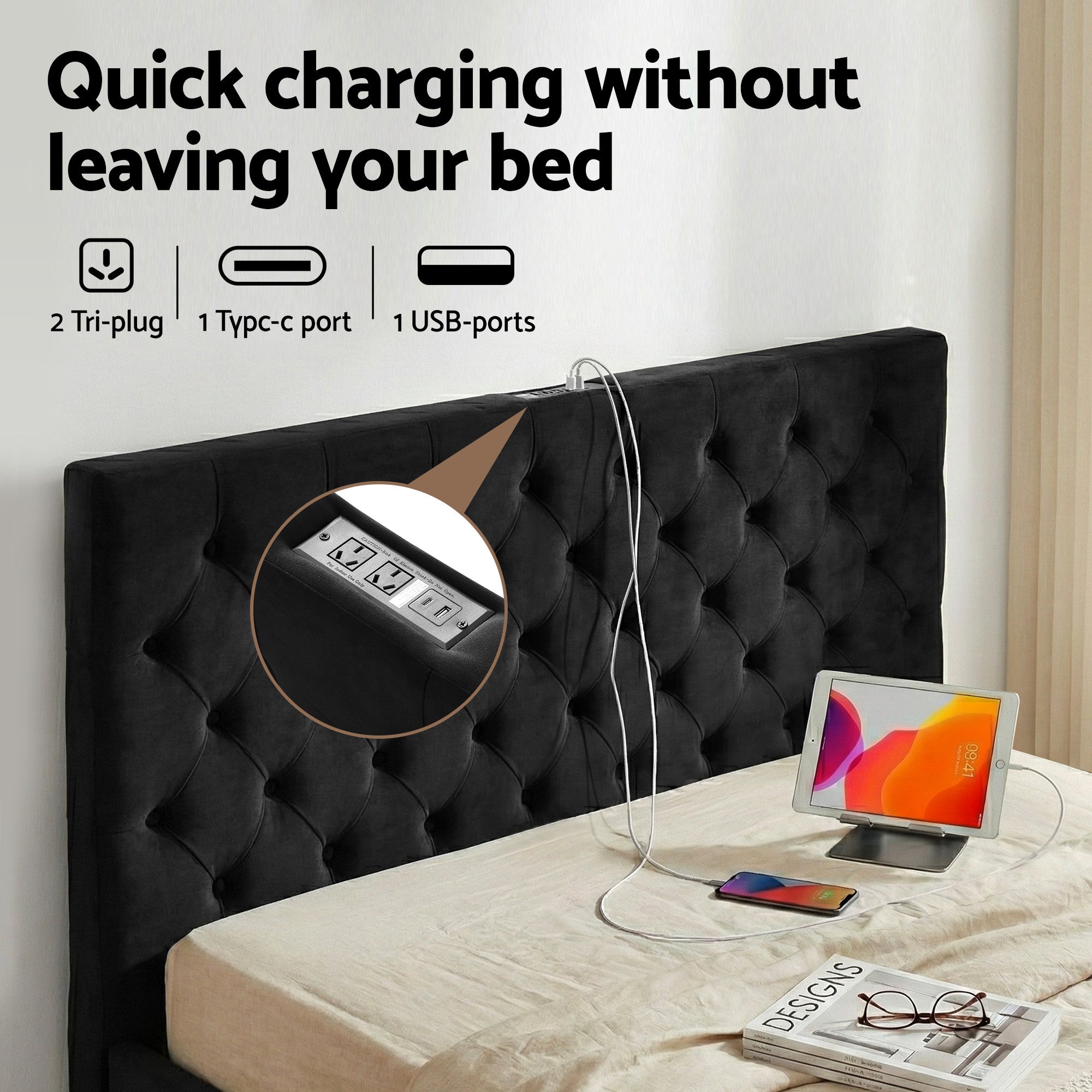 Artiss Queen Bed Frame Storage Charging Station Upholstered 3 Drawers USB Type-C BFRAME-G-LUNA-Q-BK-ABC