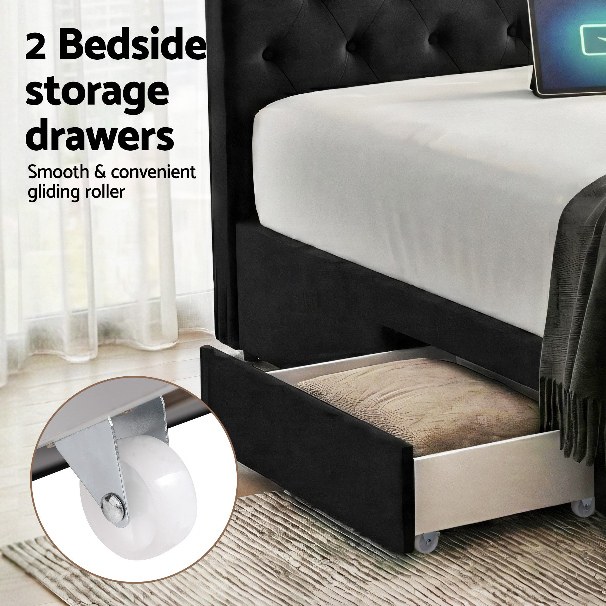 Artiss Queen Bed Frame Storage Charging Station Upholstered 3 Drawers USB Type-C BFRAME-G-LUNA-Q-BK-ABC