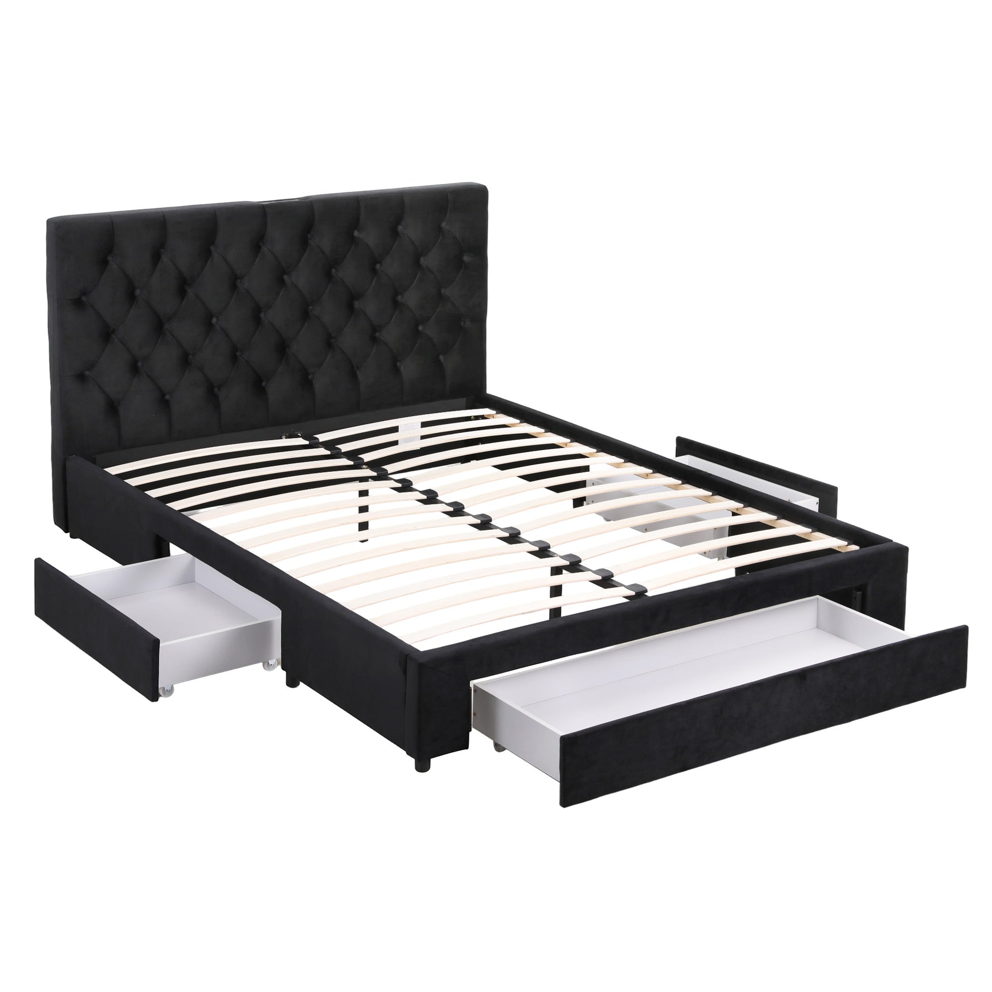 Artiss Queen Bed Frame Storage Charging Station Upholstered 3 Drawers USB Type-C BFRAME-G-LUNA-Q-BK-ABC