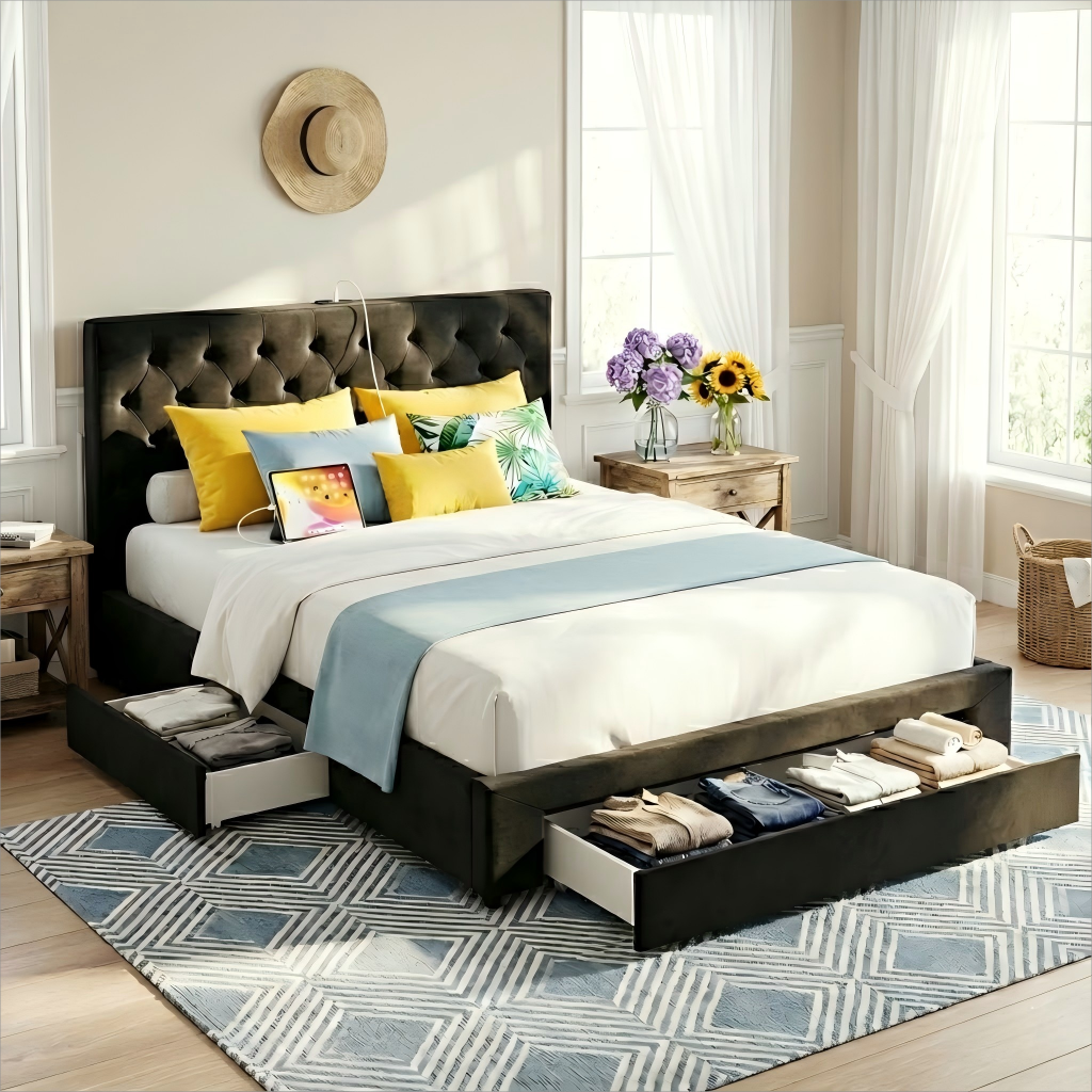 Artiss Queen Bed Frame Storage Charging Station Upholstered 3 Drawers USB Type-C BFRAME-G-LUNA-Q-BK-ABC