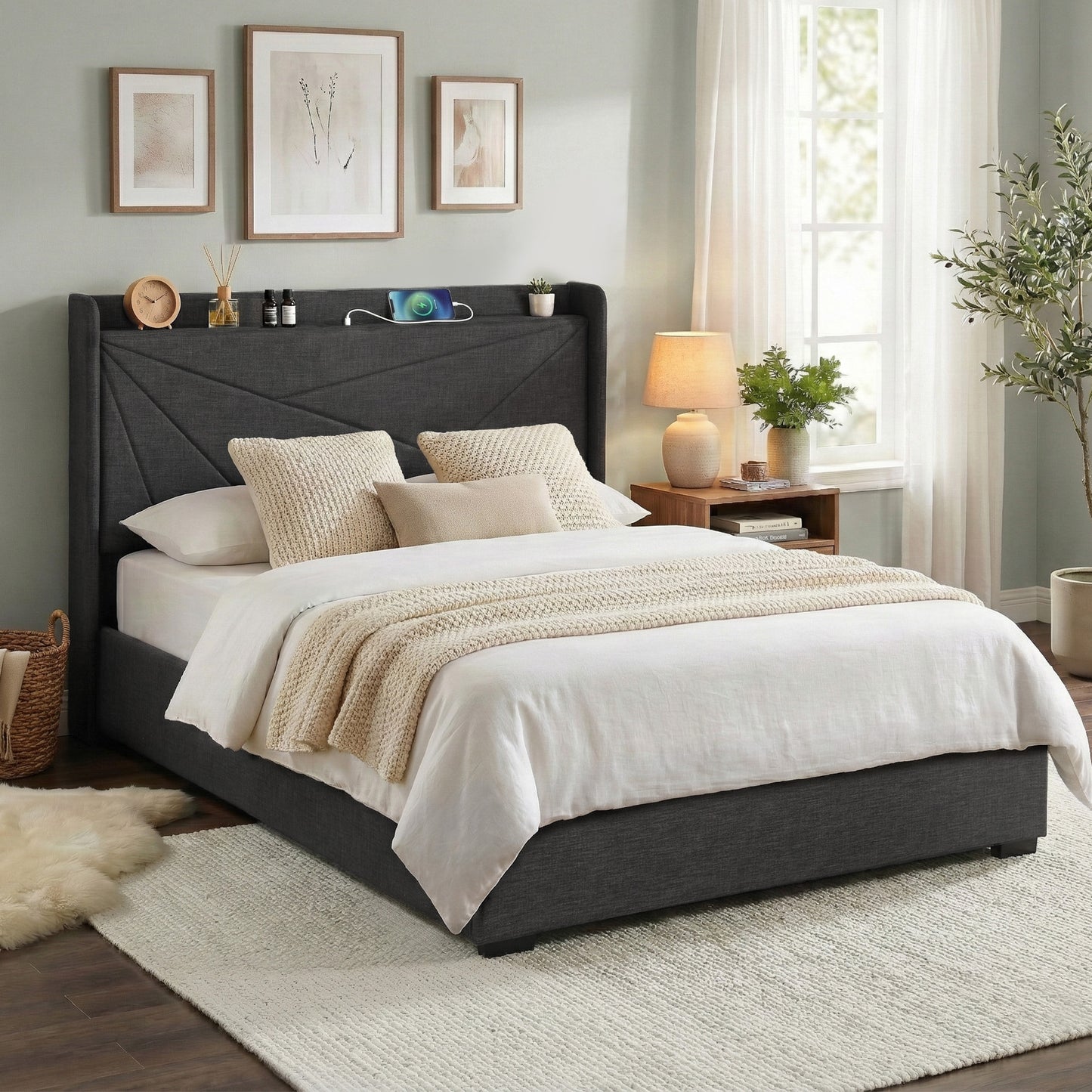 Artiss Double Bed Frame Gas Lift Storage Bed with Charging Ports Upholstered Geometric Headboard Charcoal Grey BFRAME-G-MORFEI-D-BK-ABC
