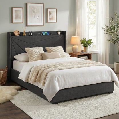Artiss Double Bed Frame Gas Lift Storage Bed with Charging Ports Upholstered Geometric Headboard Charcoal Grey BFRAME-G-MORFEI-D-BK-ABC