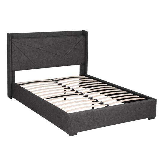 Artiss Double Bed Frame Gas Lift Storage Bed with Charging Ports Upholstered Geometric Headboard Charcoal Grey BFRAME-G-MORFEI-D-BK-ABC