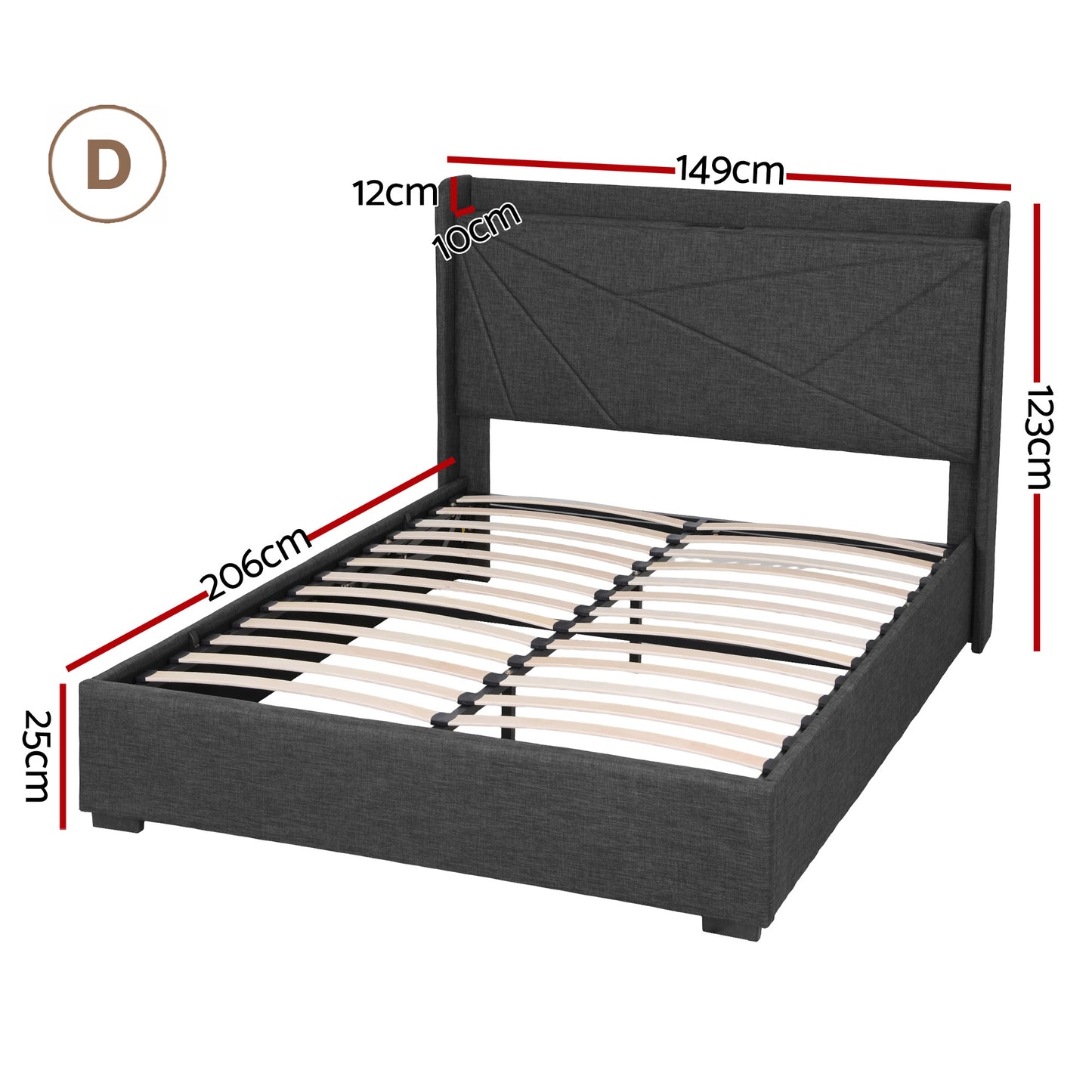 Artiss Double Bed Frame Gas Lift Storage Bed with Charging Ports Upholstered Geometric Headboard Charcoal Grey BFRAME-G-MORFEI-D-BK-ABC