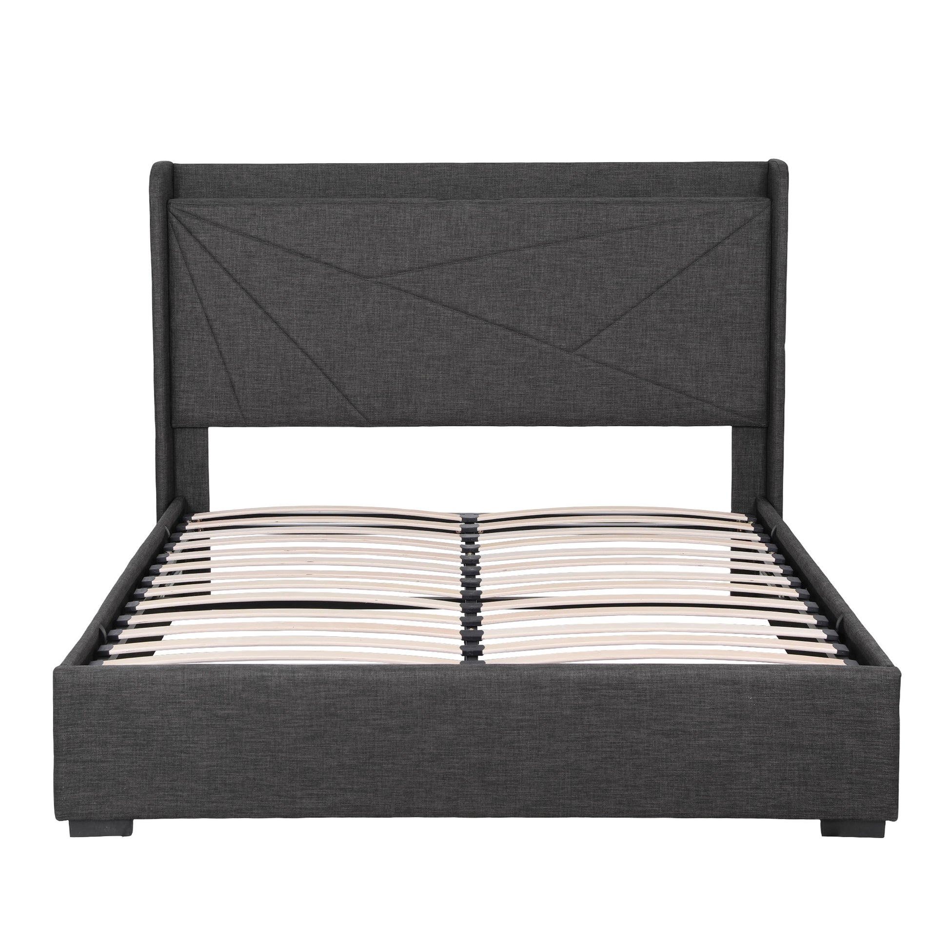 Artiss Double Bed Frame Gas Lift Storage Bed with Charging Ports Upholstered Geometric Headboard Charcoal Grey BFRAME-G-MORFEI-D-BK-ABC