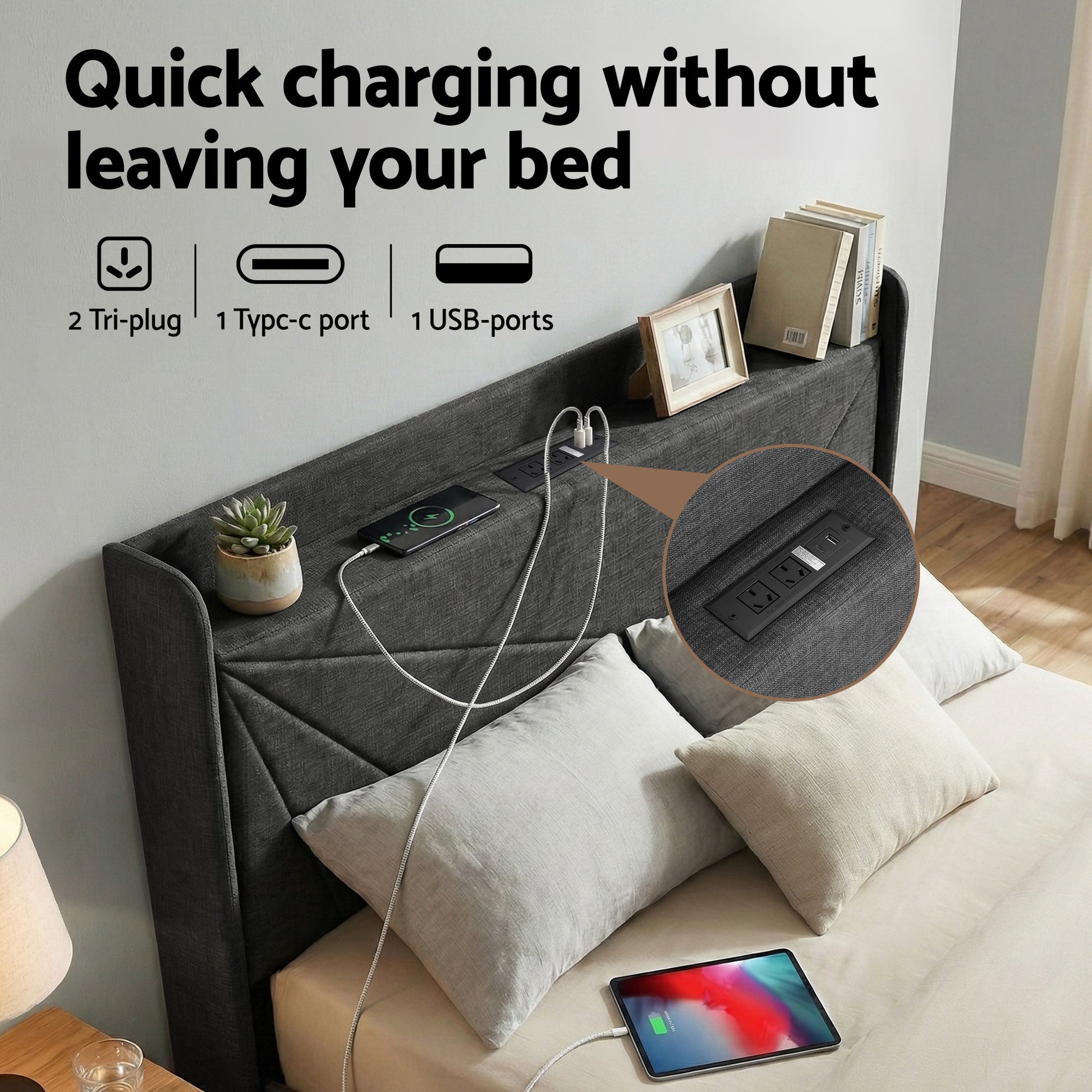 Artiss Double Bed Frame Gas Lift Storage Bed with Charging Ports Upholstered Geometric Headboard Charcoal Grey BFRAME-G-MORFEI-D-BK-ABC