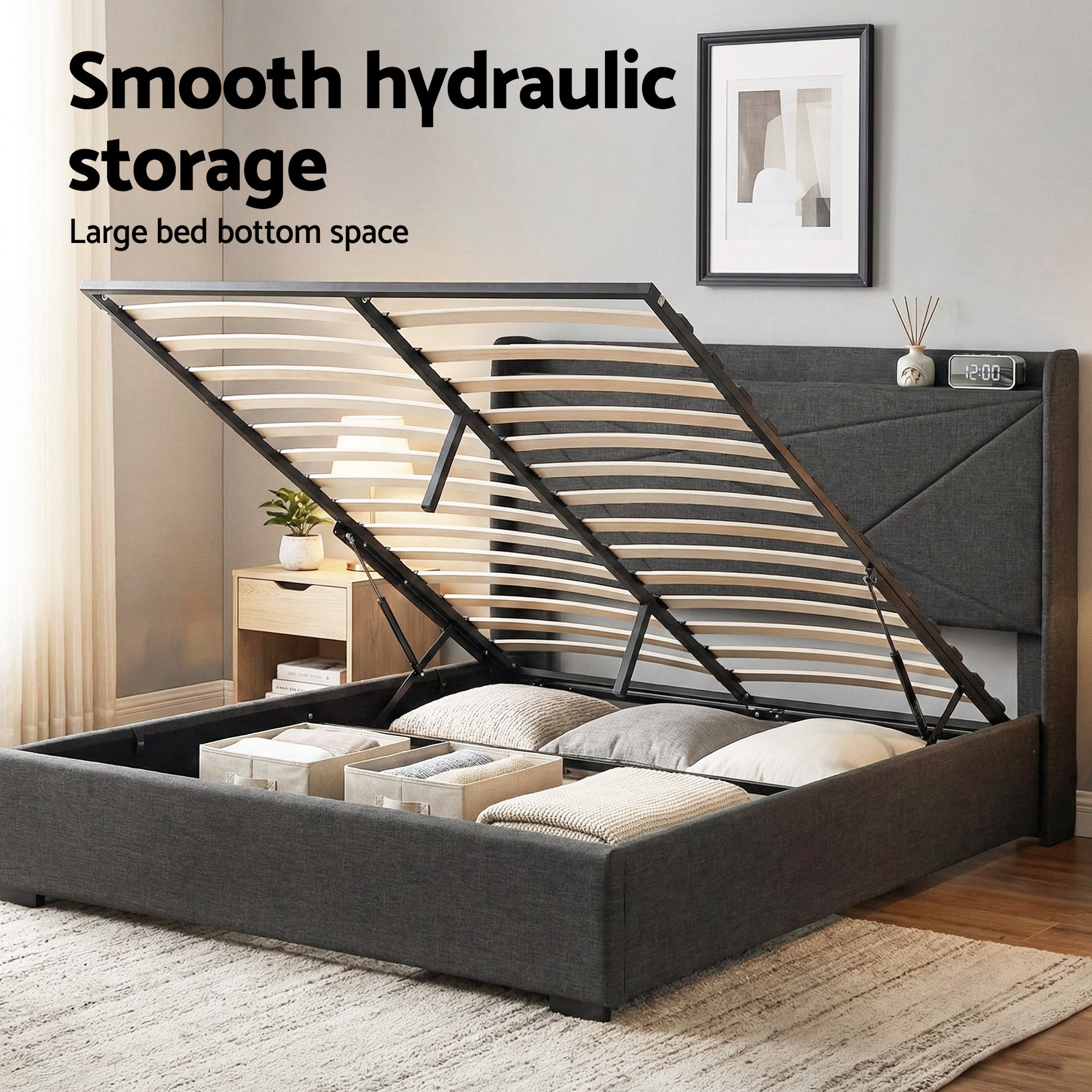 Artiss Double Bed Frame Gas Lift Storage Bed with Charging Ports Upholstered Geometric Headboard Charcoal Grey BFRAME-G-MORFEI-D-BK-ABC