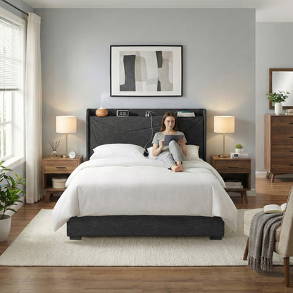 Artiss Double Bed Frame Gas Lift Storage Bed with Charging Ports Upholstered Geometric Headboard Charcoal Grey BFRAME-G-MORFEI-D-BK-ABC