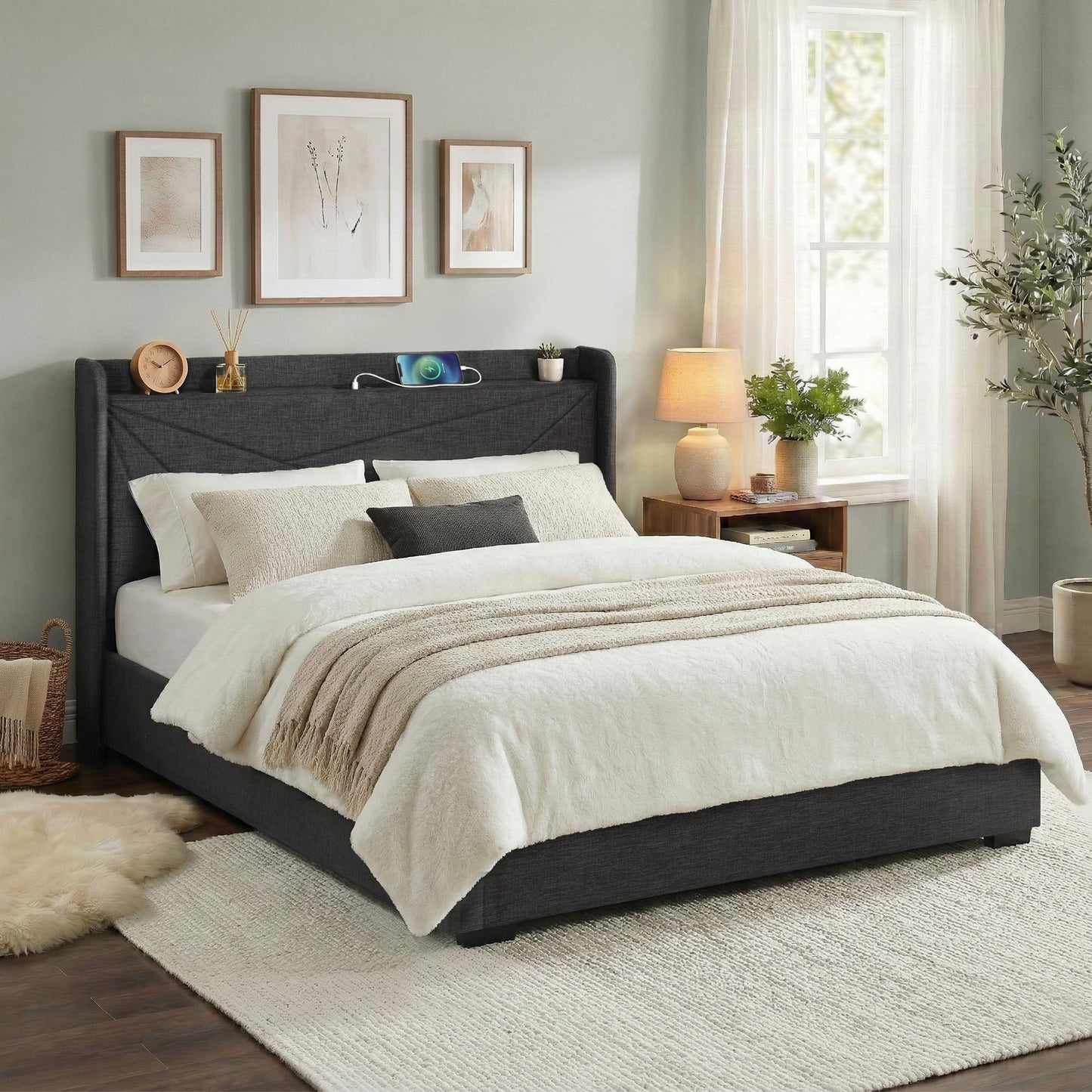 Artiss King Bed Frame Gas Lift Storage Bed with Charging Ports Upholstered Geometric Headboard Charcoal Grey BFRAME-G-MORFEI-K-BK-ABC