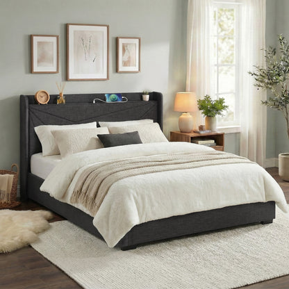 Artiss King Bed Frame Gas Lift Storage Bed with Charging Ports Upholstered Geometric Headboard Charcoal Grey BFRAME-G-MORFEI-K-BK-ABC