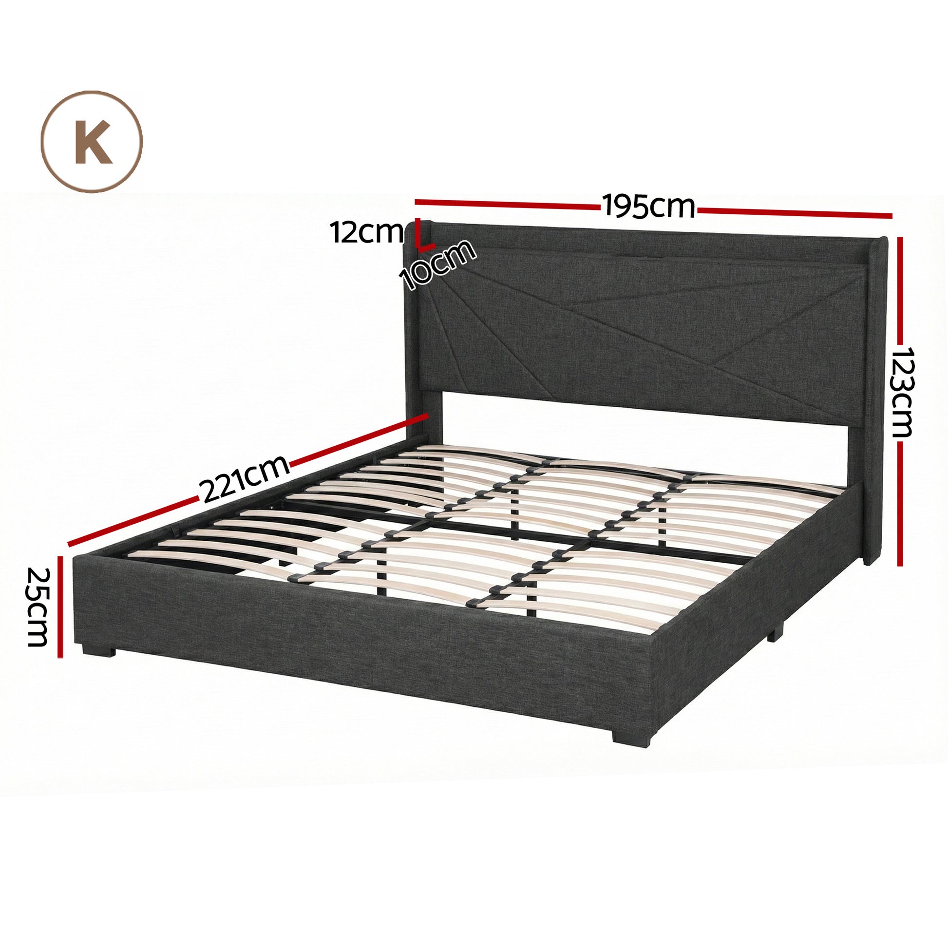 Artiss King Bed Frame Gas Lift Storage Bed with Charging Ports Upholstered Geometric Headboard Charcoal Grey BFRAME-G-MORFEI-K-BK-ABC