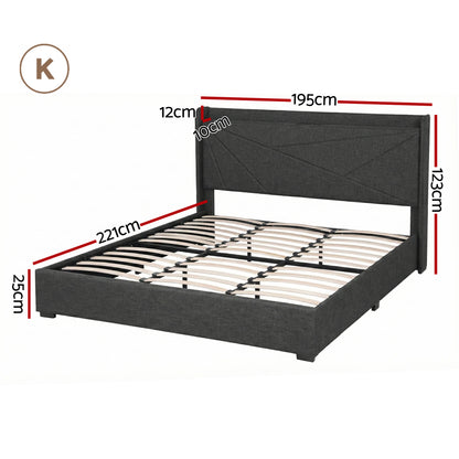 Artiss King Bed Frame Gas Lift Storage Bed with Charging Ports Upholstered Geometric Headboard Charcoal Grey BFRAME-G-MORFEI-K-BK-ABC