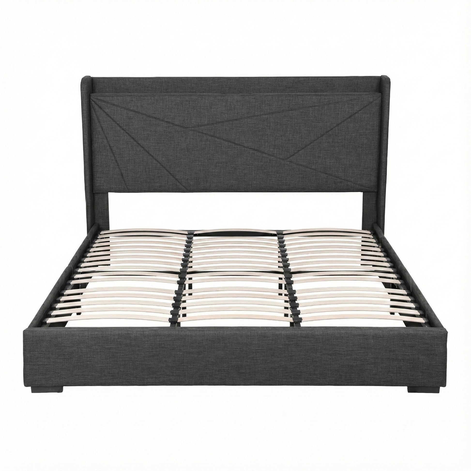 Artiss King Bed Frame Gas Lift Storage Bed with Charging Ports Upholstered Geometric Headboard Charcoal Grey BFRAME-G-MORFEI-K-BK-ABC
