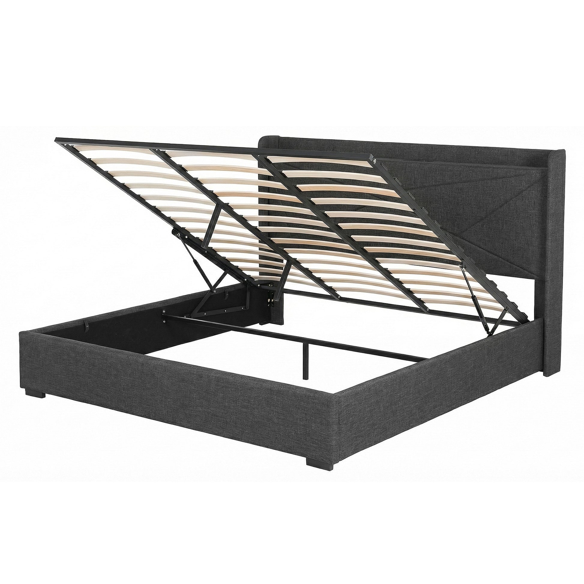 Artiss King Bed Frame Gas Lift Storage Bed with Charging Ports Upholstered Geometric Headboard Charcoal Grey BFRAME-G-MORFEI-K-BK-ABC