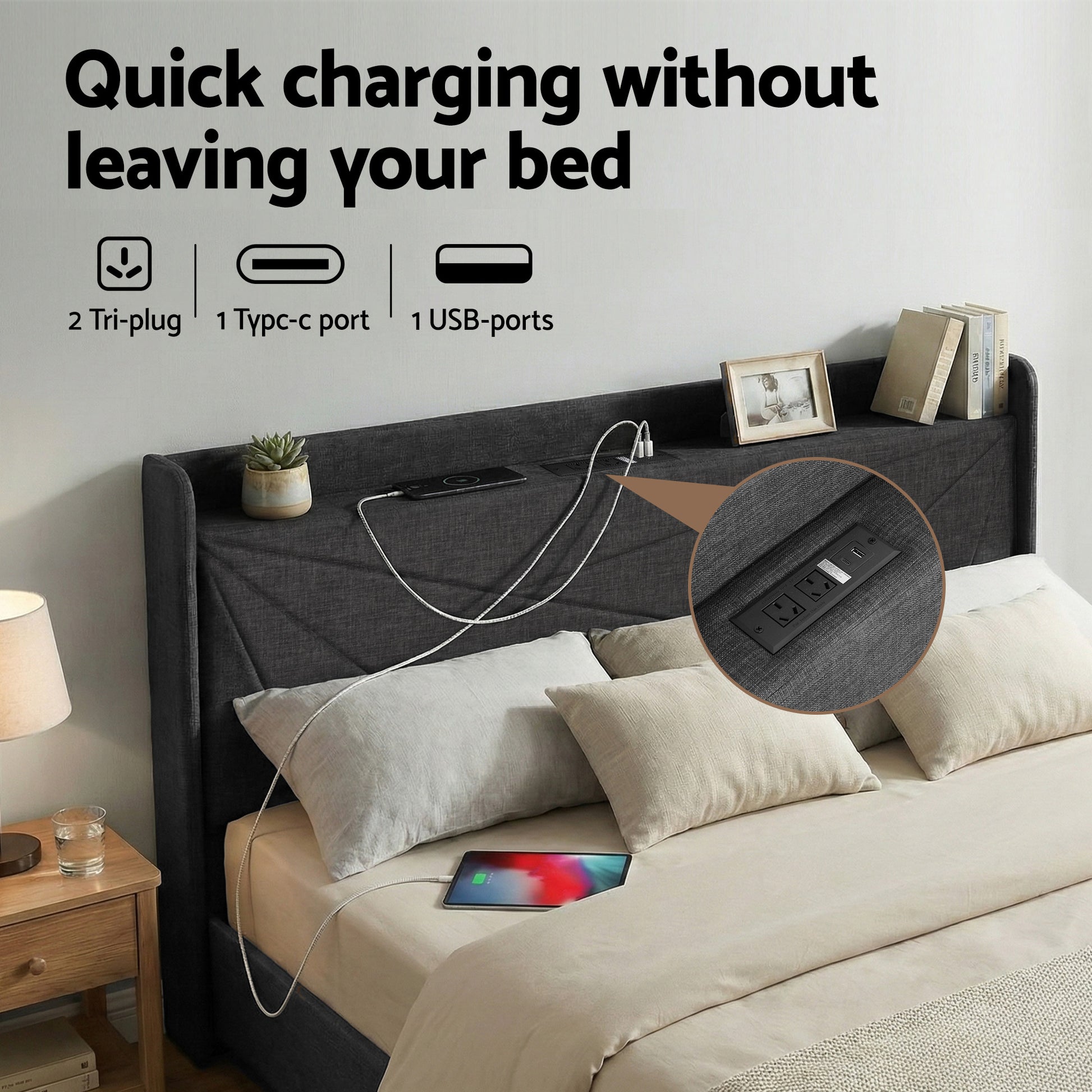 Artiss King Bed Frame Gas Lift Storage Bed with Charging Ports Upholstered Geometric Headboard Charcoal Grey BFRAME-G-MORFEI-K-BK-ABC