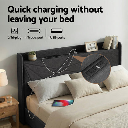 Artiss King Bed Frame Gas Lift Storage Bed with Charging Ports Upholstered Geometric Headboard Charcoal Grey BFRAME-G-MORFEI-K-BK-ABC