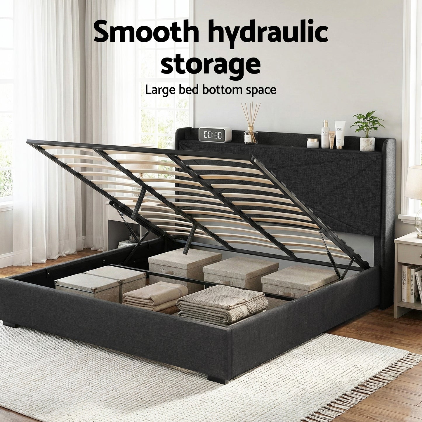 Artiss King Bed Frame Gas Lift Storage Bed with Charging Ports Upholstered Geometric Headboard Charcoal Grey BFRAME-G-MORFEI-K-BK-ABC
