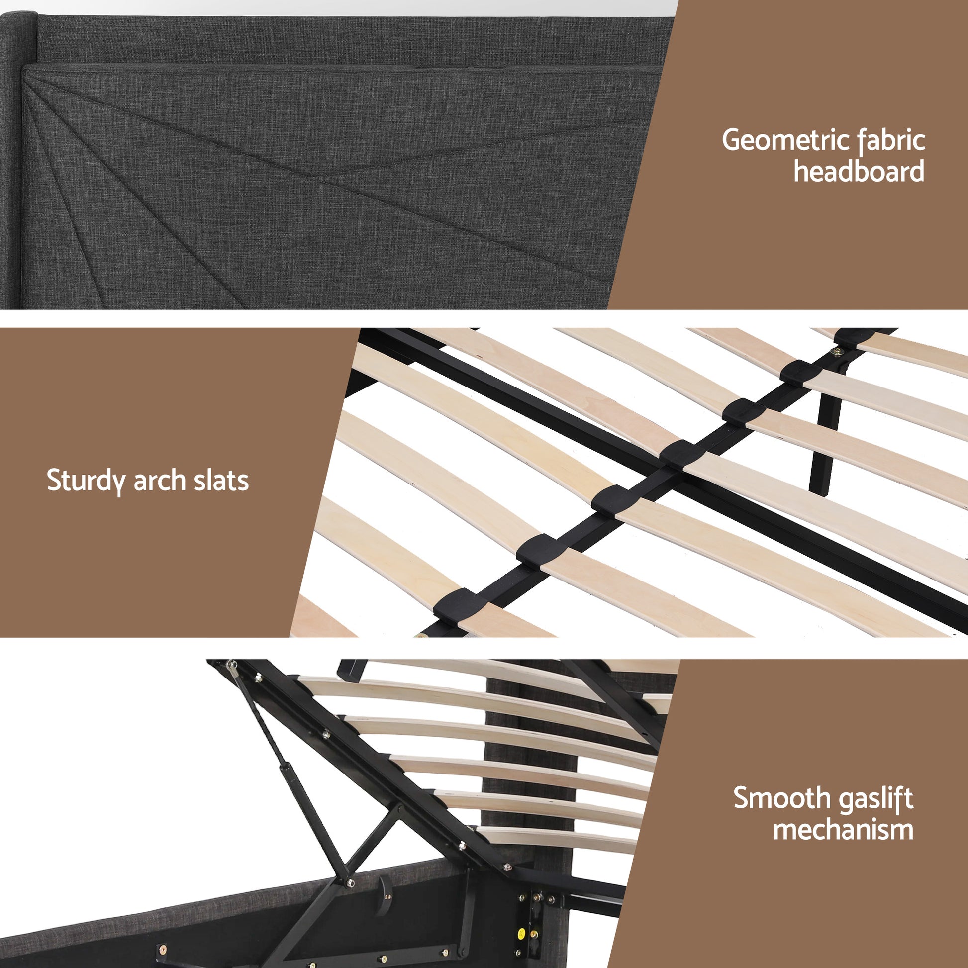 Artiss King Bed Frame Gas Lift Storage Bed with Charging Ports Upholstered Geometric Headboard Charcoal Grey BFRAME-G-MORFEI-K-BK-ABC