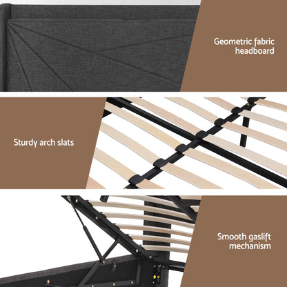 Artiss King Bed Frame Gas Lift Storage Bed with Charging Ports Upholstered Geometric Headboard Charcoal Grey BFRAME-G-MORFEI-K-BK-ABC