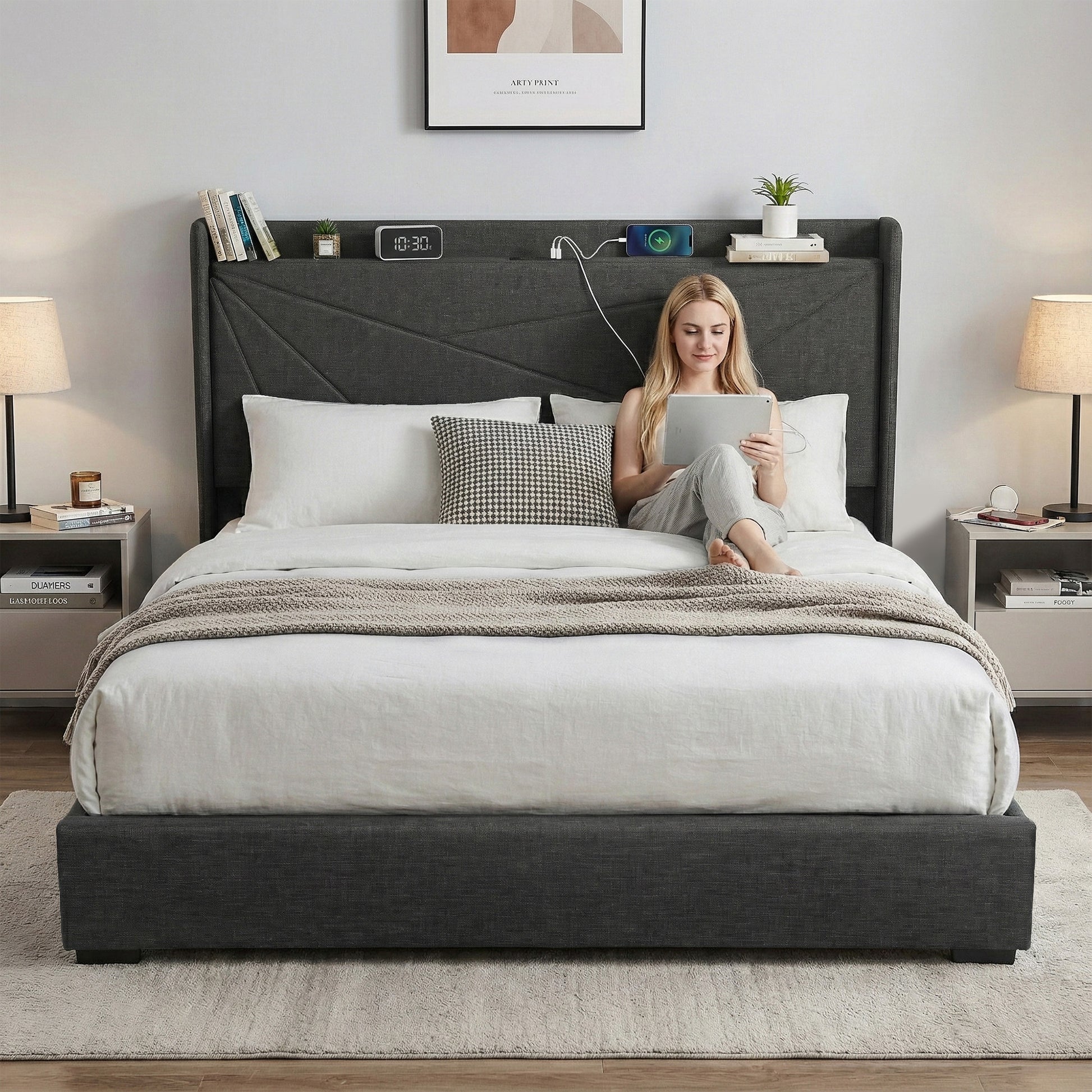 Artiss King Bed Frame Gas Lift Storage Bed with Charging Ports Upholstered Geometric Headboard Charcoal Grey BFRAME-G-MORFEI-K-BK-ABC
