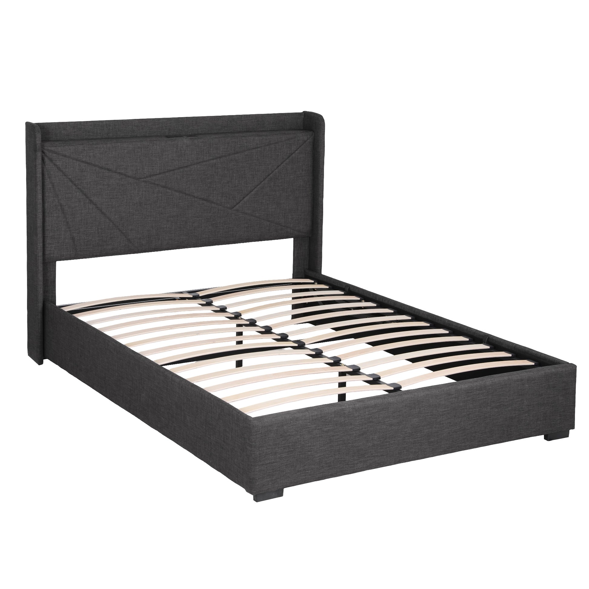Artiss Queen Bed Frame Gas Lift Storage Bed with Charging Ports Upholstered Geometric Headboard Charcoal Grey BFRAME-G-MORFEI-Q-BK-ABC