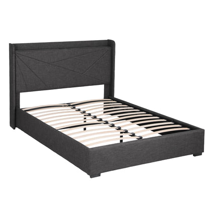 Artiss Queen Bed Frame Gas Lift Storage Bed with Charging Ports Upholstered Geometric Headboard Charcoal Grey BFRAME-G-MORFEI-Q-BK-ABC