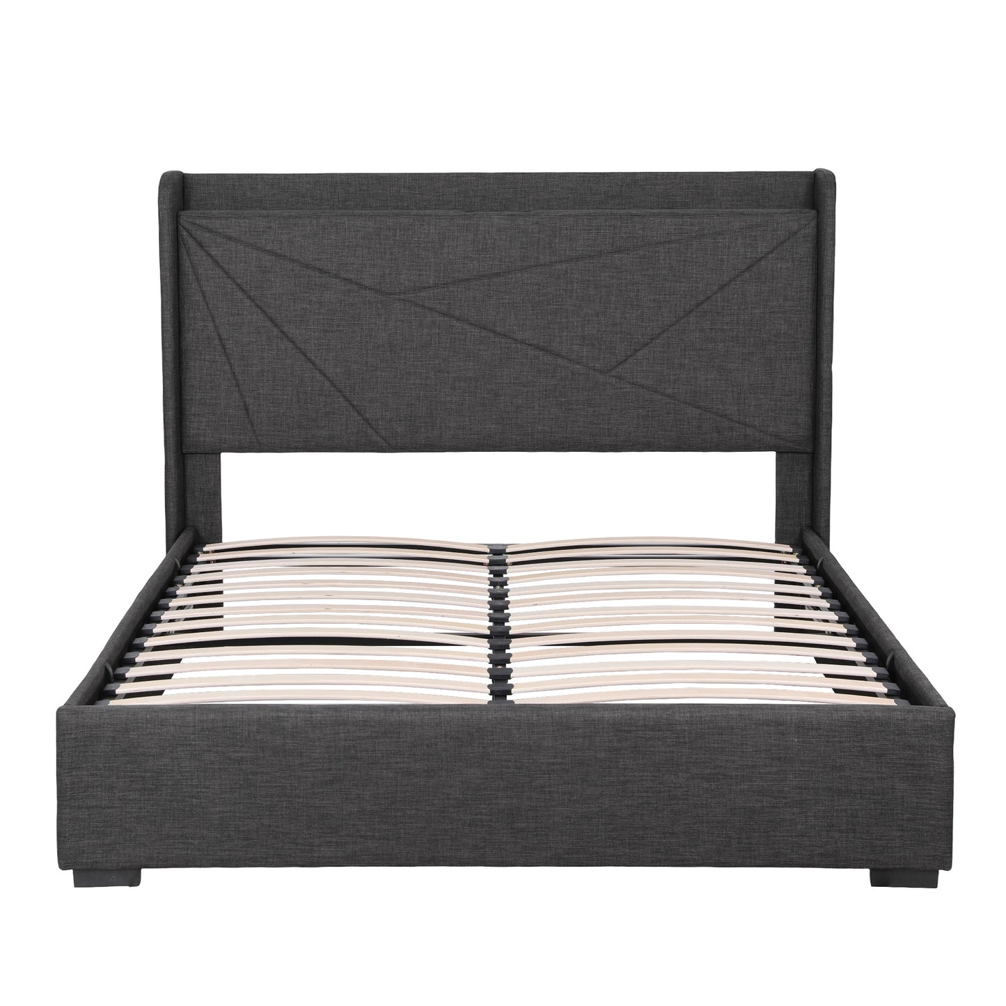 Artiss Queen Bed Frame Gas Lift Storage Bed with Charging Ports Upholstered Geometric Headboard Charcoal Grey BFRAME-G-MORFEI-Q-BK-ABC