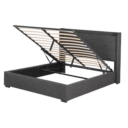 Artiss Queen Bed Frame Gas Lift Storage Bed with Charging Ports Upholstered Geometric Headboard Charcoal Grey BFRAME-G-MORFEI-Q-BK-ABC