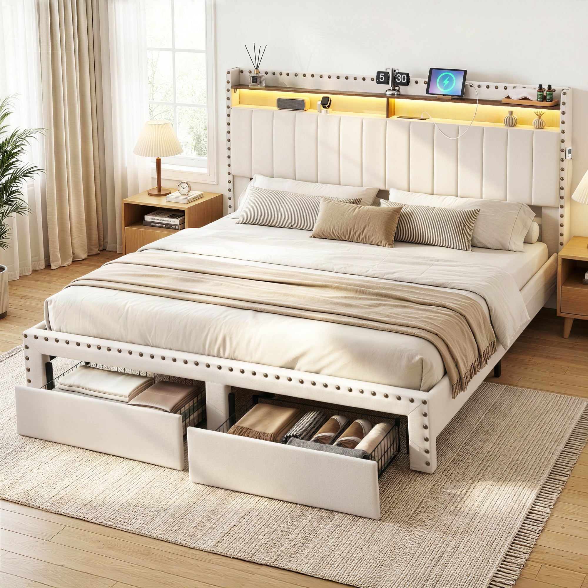 Artiss King Upholstered Bed Frame with Shelf Storage Drawers Charging Station Mood Lighting Linen BFRAME-G-NOUVEA-K-BG-ABC