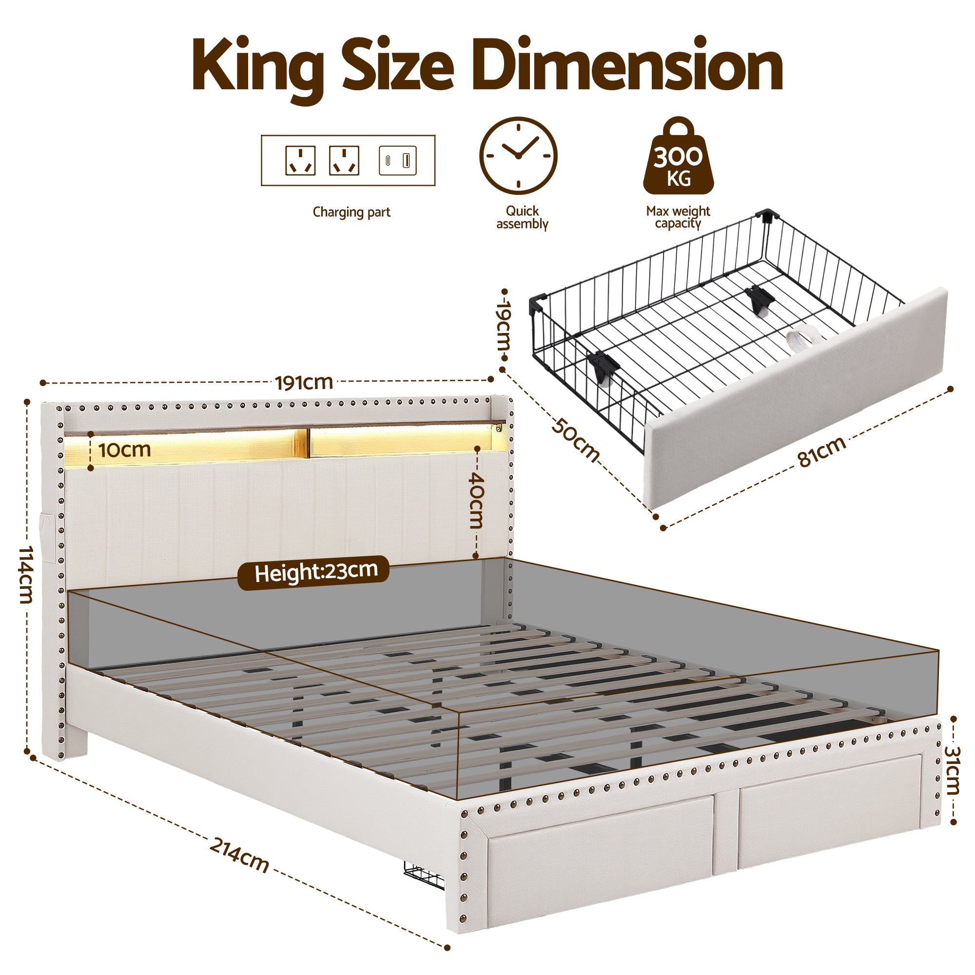 Artiss King Upholstered Bed Frame with Shelf Storage Drawers Charging Station Mood Lighting Linen BFRAME-G-NOUVEA-K-BG-ABC