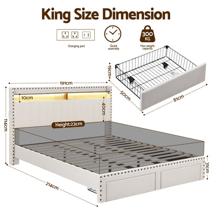 Artiss King Upholstered Bed Frame with Shelf Storage Drawers Charging Station Mood Lighting Linen BFRAME-G-NOUVEA-K-BG-ABC