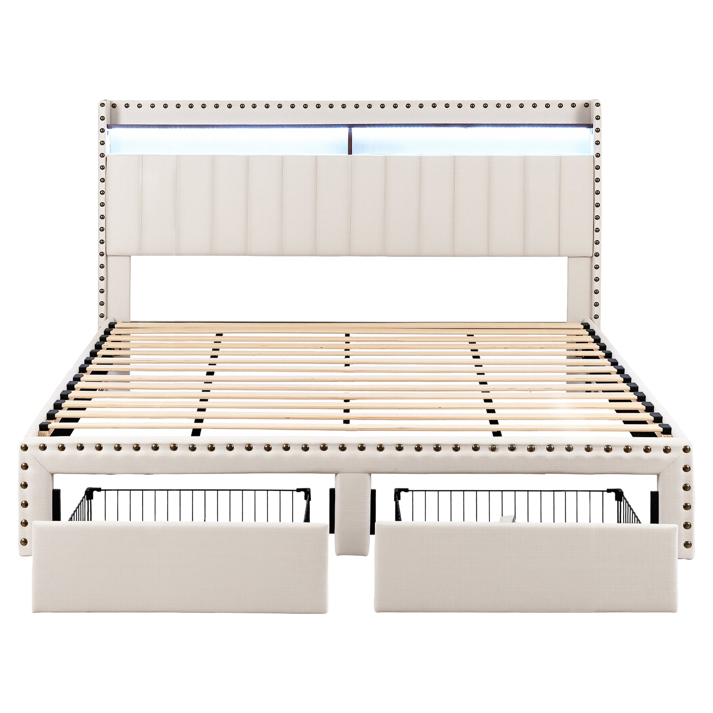 Artiss King Upholstered Bed Frame with Shelf Storage Drawers Charging Station Mood Lighting Linen BFRAME-G-NOUVEA-K-BG-ABC