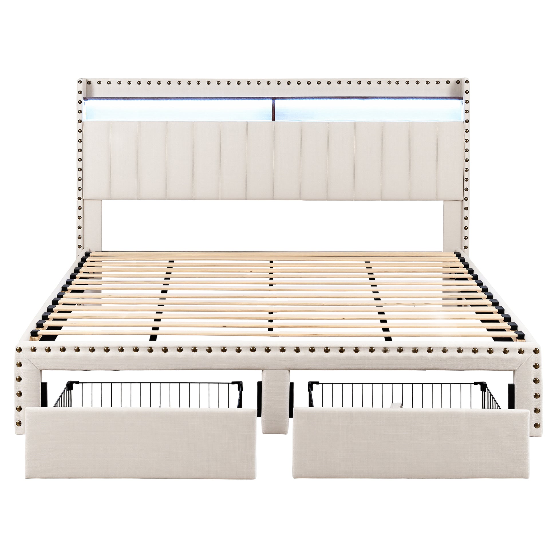 Artiss King Upholstered Bed Frame with Shelf Storage Drawers Charging Station Mood Lighting Linen BFRAME-G-NOUVEA-K-BG-ABC