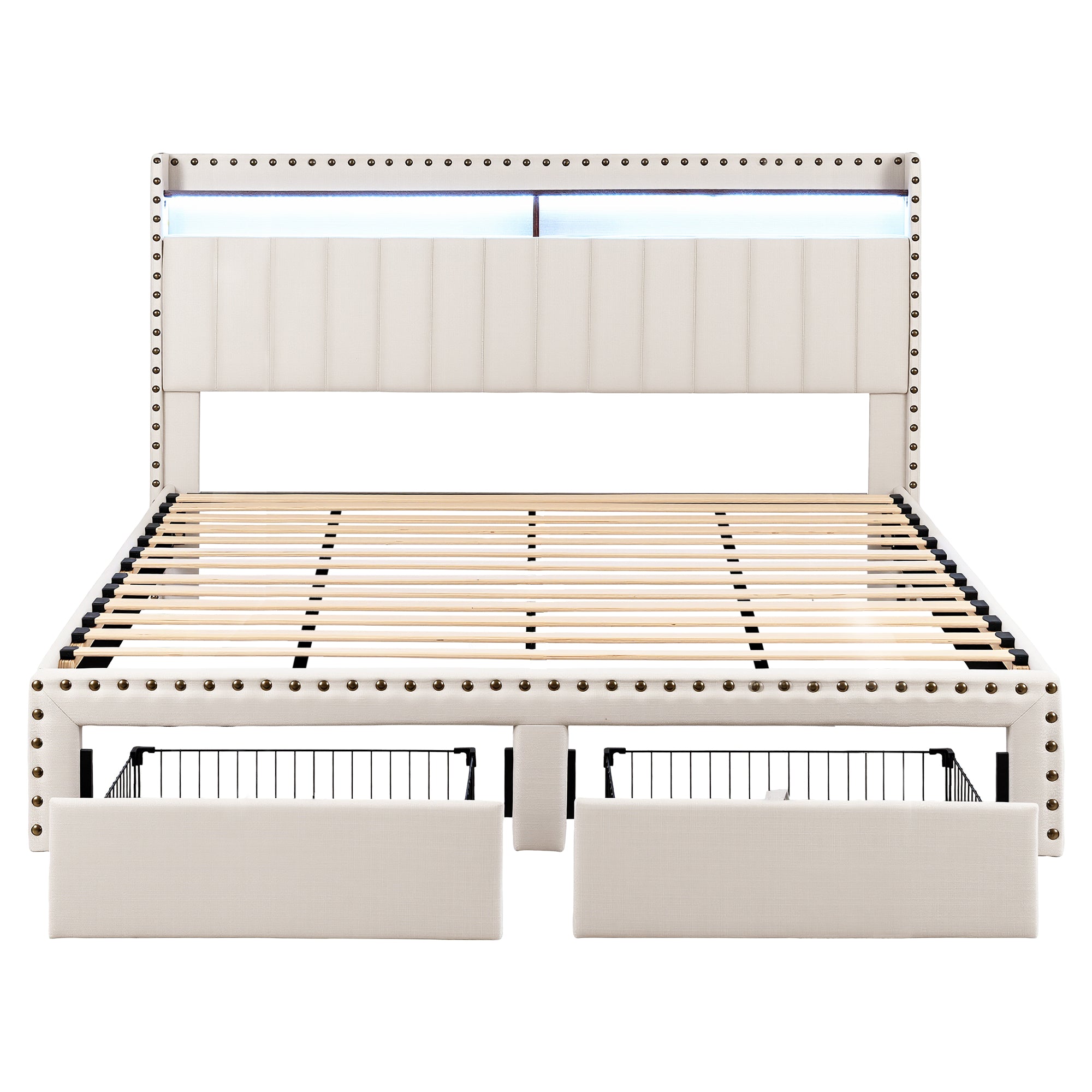 Artiss King Upholstered Bed Frame with Shelf Storage Drawers Charging Station Mood Lighting Linen BFRAME-G-NOUVEA-K-BG-ABC