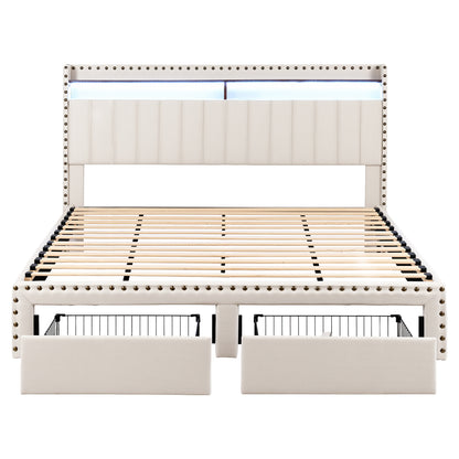 Artiss King Upholstered Bed Frame with Shelf Storage Drawers Charging Station Mood Lighting Linen BFRAME-G-NOUVEA-K-BG-ABC
