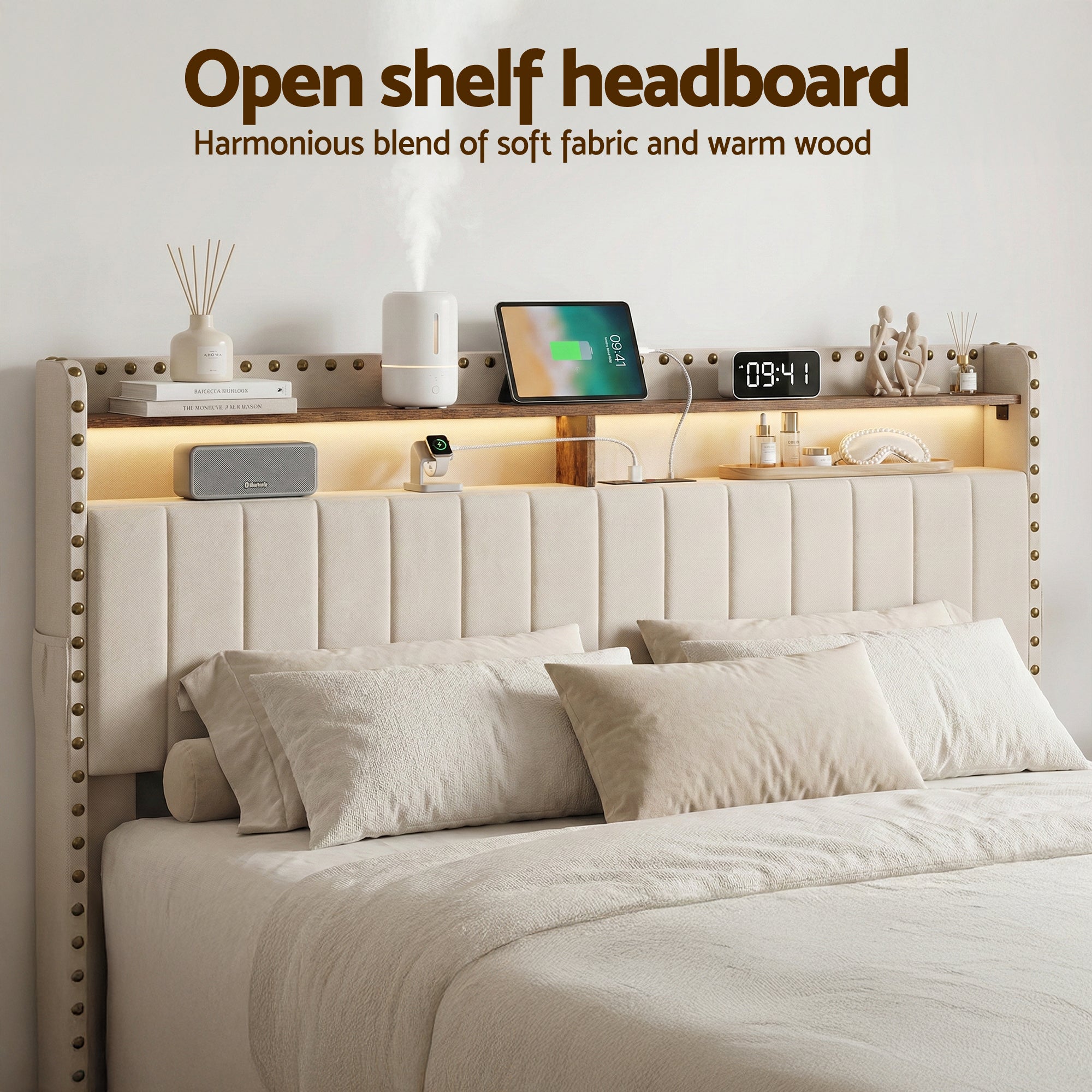 Artiss King Upholstered Bed Frame with Shelf Storage Drawers Charging Station Mood Lighting Linen BFRAME-G-NOUVEA-K-BG-ABC