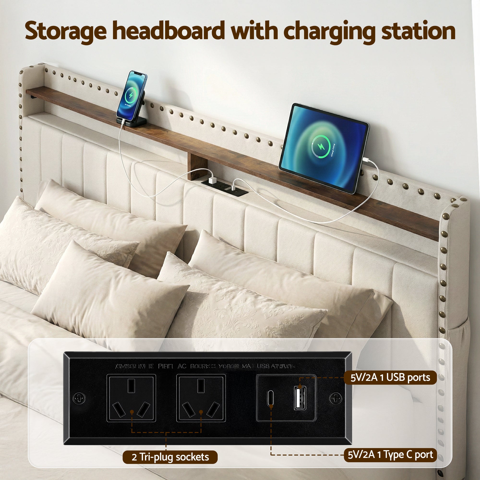 Artiss King Upholstered Bed Frame with Shelf Storage Drawers Charging Station Mood Lighting Linen BFRAME-G-NOUVEA-K-BG-ABC
