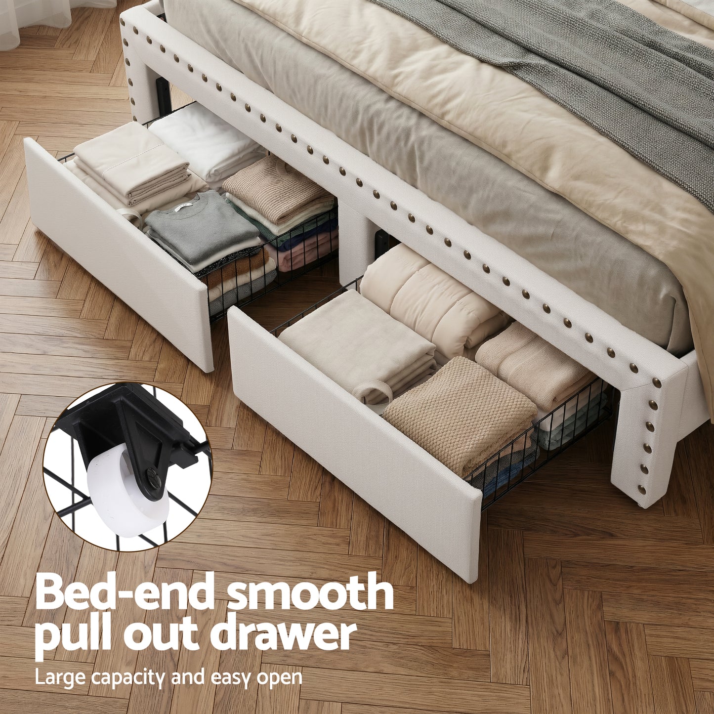 Artiss King Upholstered Bed Frame with Shelf Storage Drawers Charging Station Mood Lighting Linen BFRAME-G-NOUVEA-K-BG-ABC