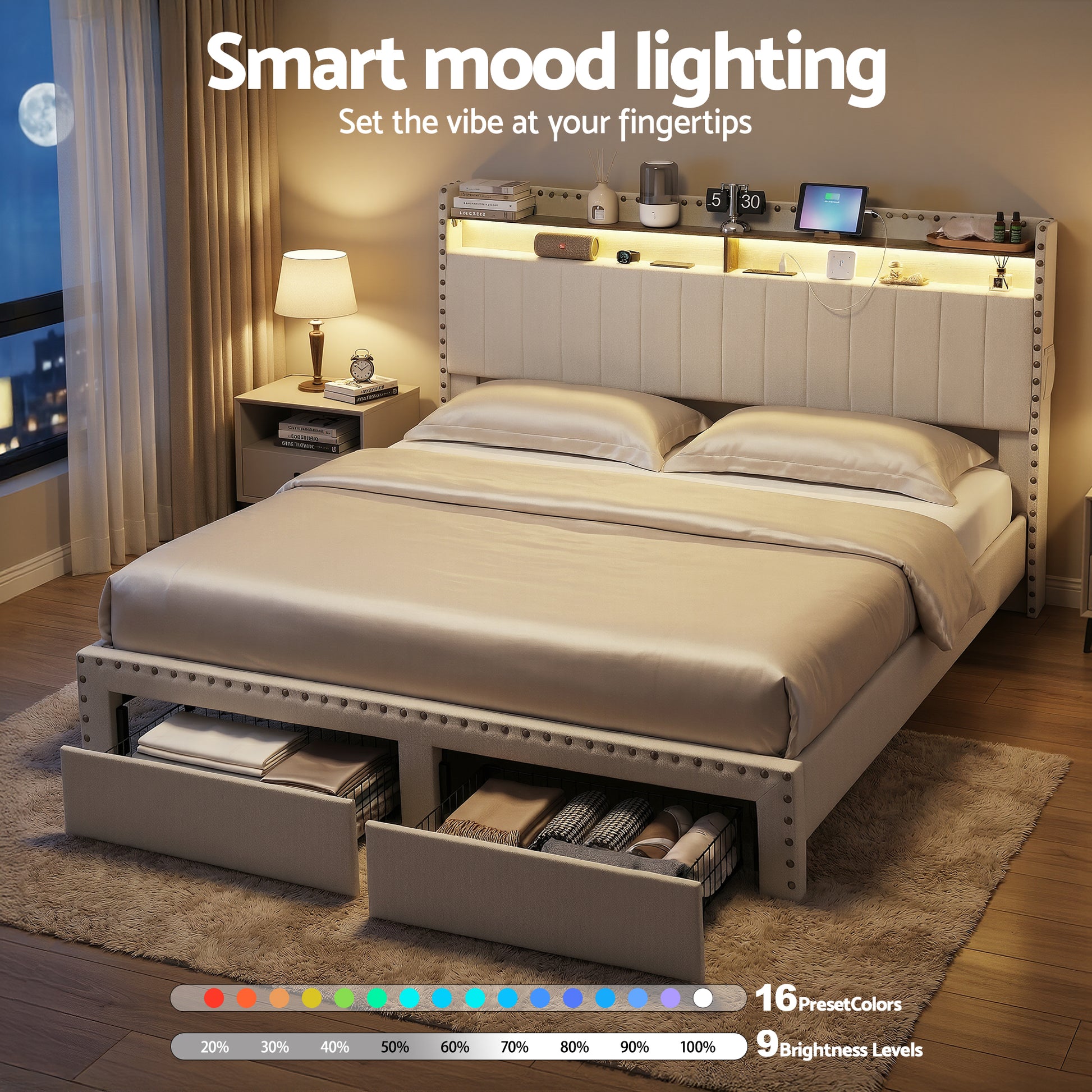Artiss King Upholstered Bed Frame with Shelf Storage Drawers Charging Station Mood Lighting Linen BFRAME-G-NOUVEA-K-BG-ABC