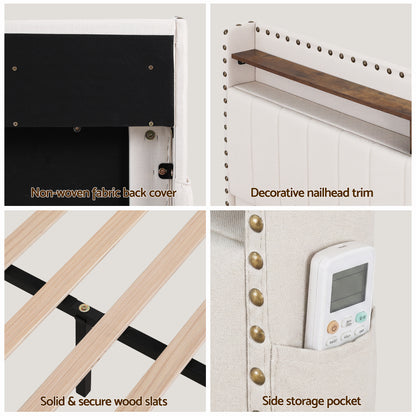 Artiss King Upholstered Bed Frame with Shelf Storage Drawers Charging Station Mood Lighting Linen BFRAME-G-NOUVEA-K-BG-ABC