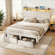 Artiss Queen Upholstered Bed Frame with Shelf Storage Drawers Charging Station Mood Lighting Linen BFRAME-G-NOUVEA-Q-BG-ABC