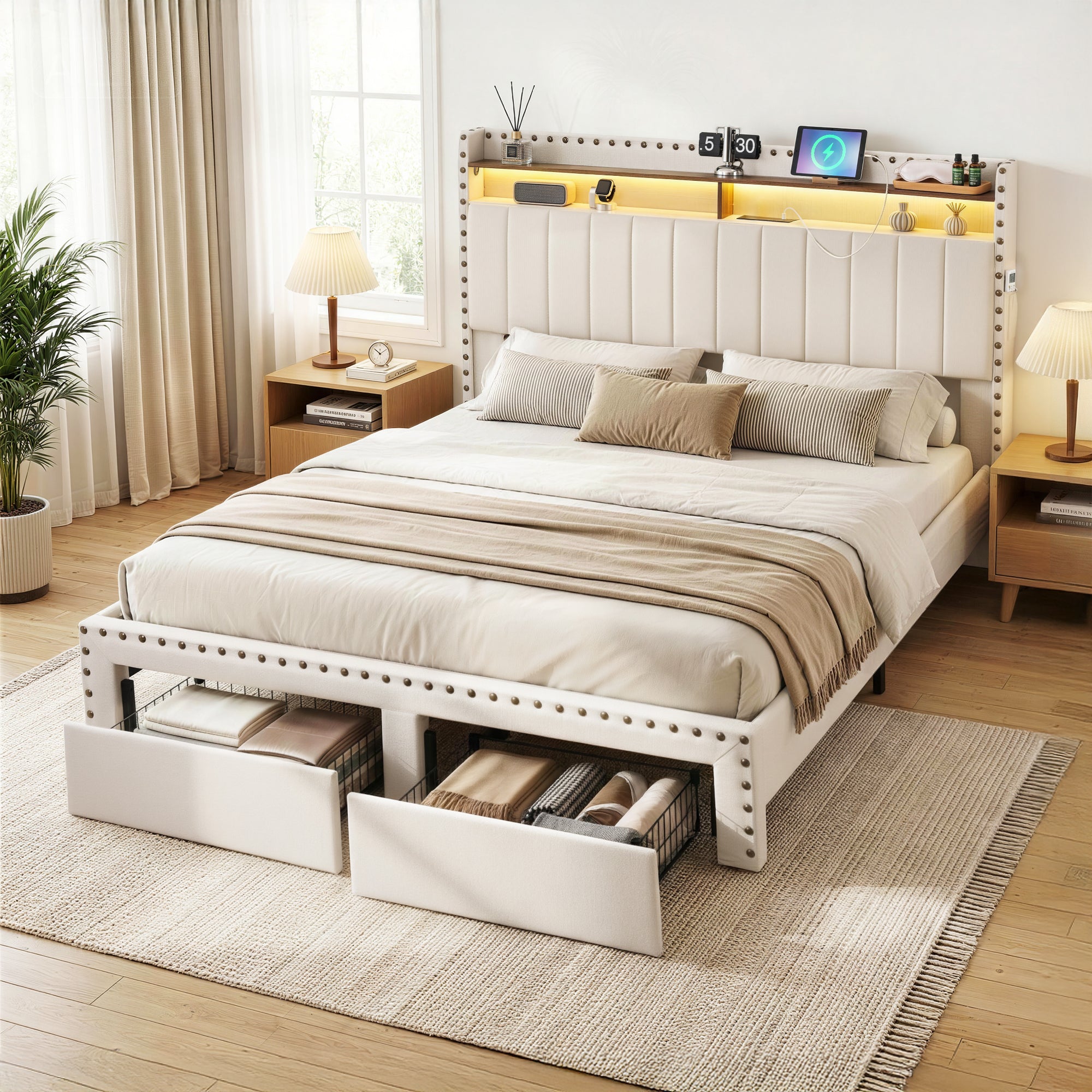 Artiss Queen Upholstered Bed Frame with Shelf Storage Drawers Charging Station Mood Lighting Linen BFRAME-G-NOUVEA-Q-BG-ABC