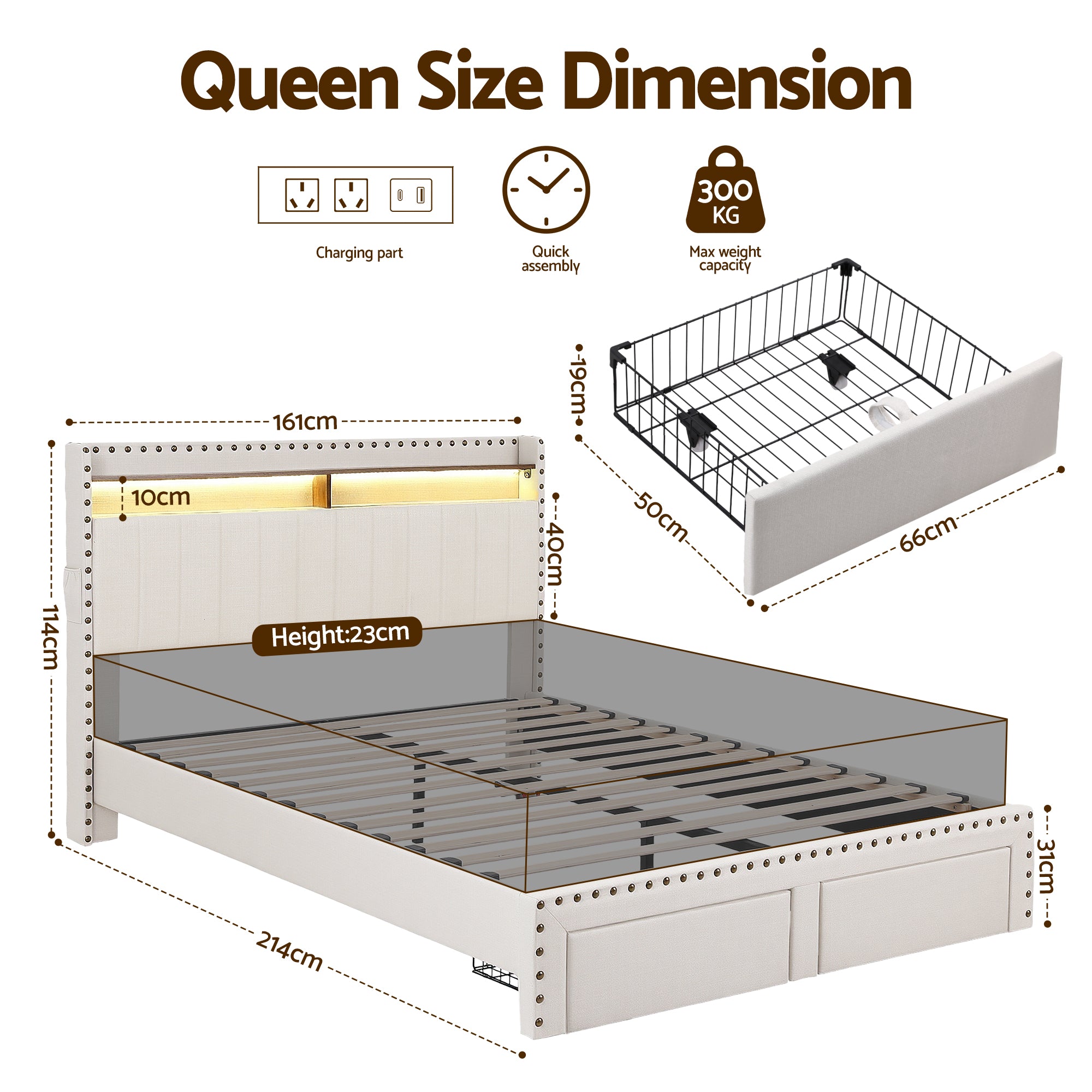 Artiss Queen Upholstered Bed Frame with Shelf Storage Drawers Charging Station Mood Lighting Linen BFRAME-G-NOUVEA-Q-BG-ABC