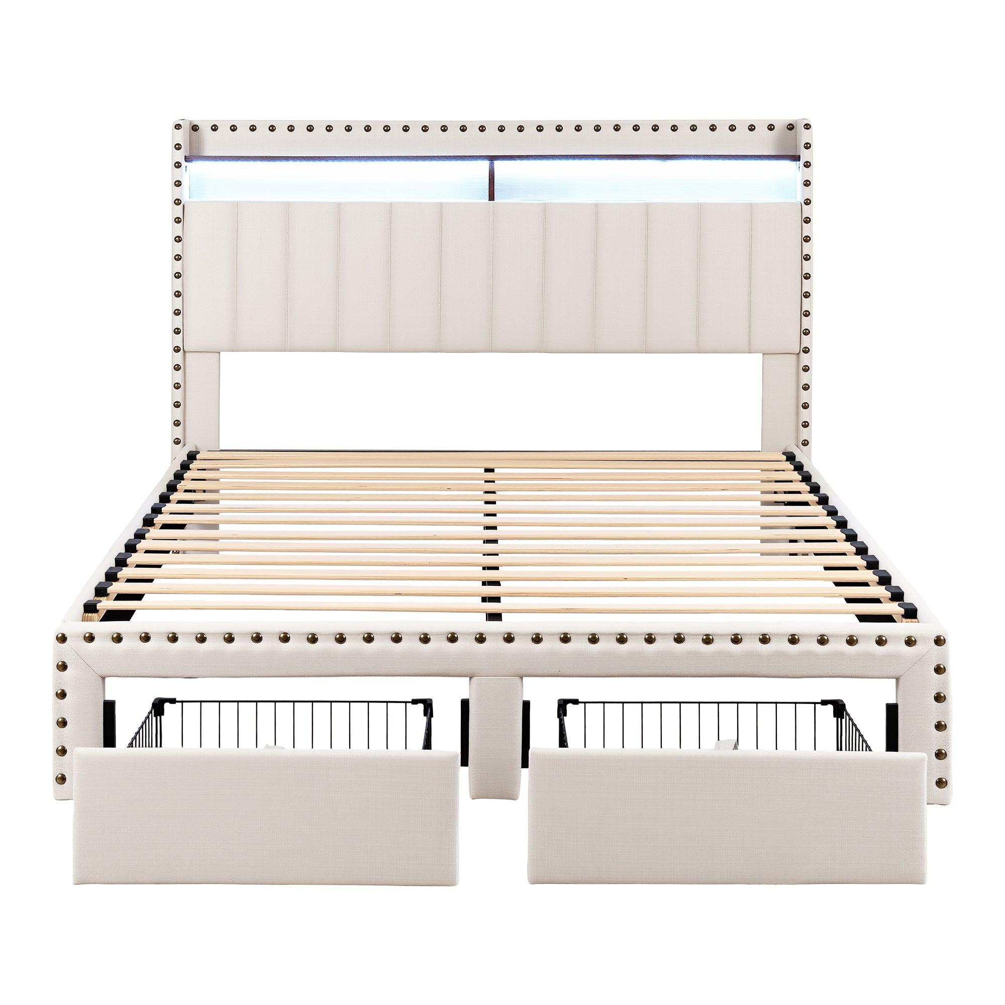 Artiss Queen Upholstered Bed Frame with Shelf Storage Drawers Charging Station Mood Lighting Linen BFRAME-G-NOUVEA-Q-BG-ABC