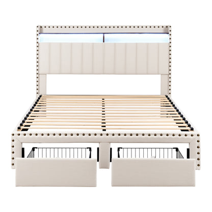Artiss Queen Upholstered Bed Frame with Shelf Storage Drawers Charging Station Mood Lighting Linen BFRAME-G-NOUVEA-Q-BG-ABC