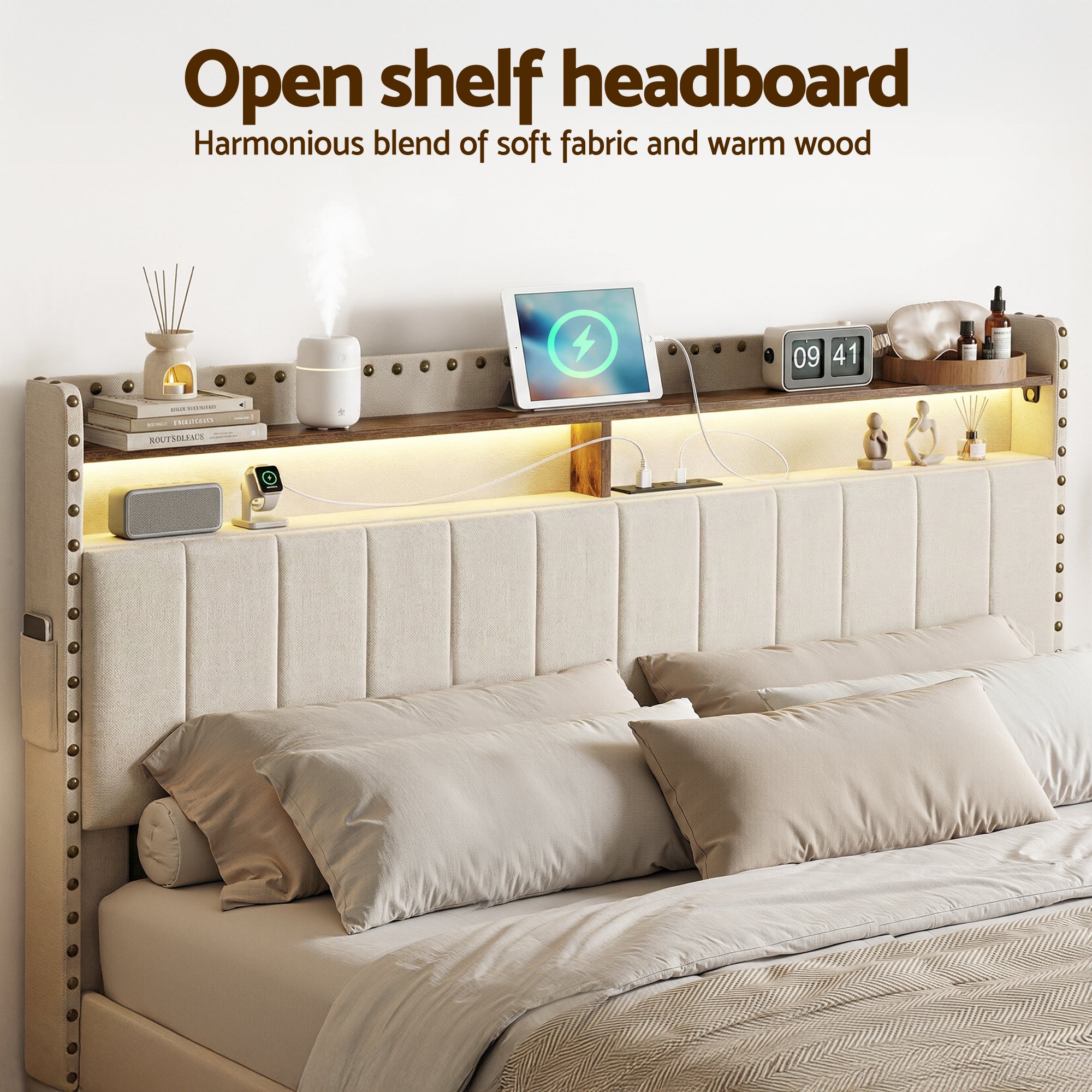 Artiss Queen Upholstered Bed Frame with Shelf Storage Drawers Charging Station Mood Lighting Linen BFRAME-G-NOUVEA-Q-BG-ABC