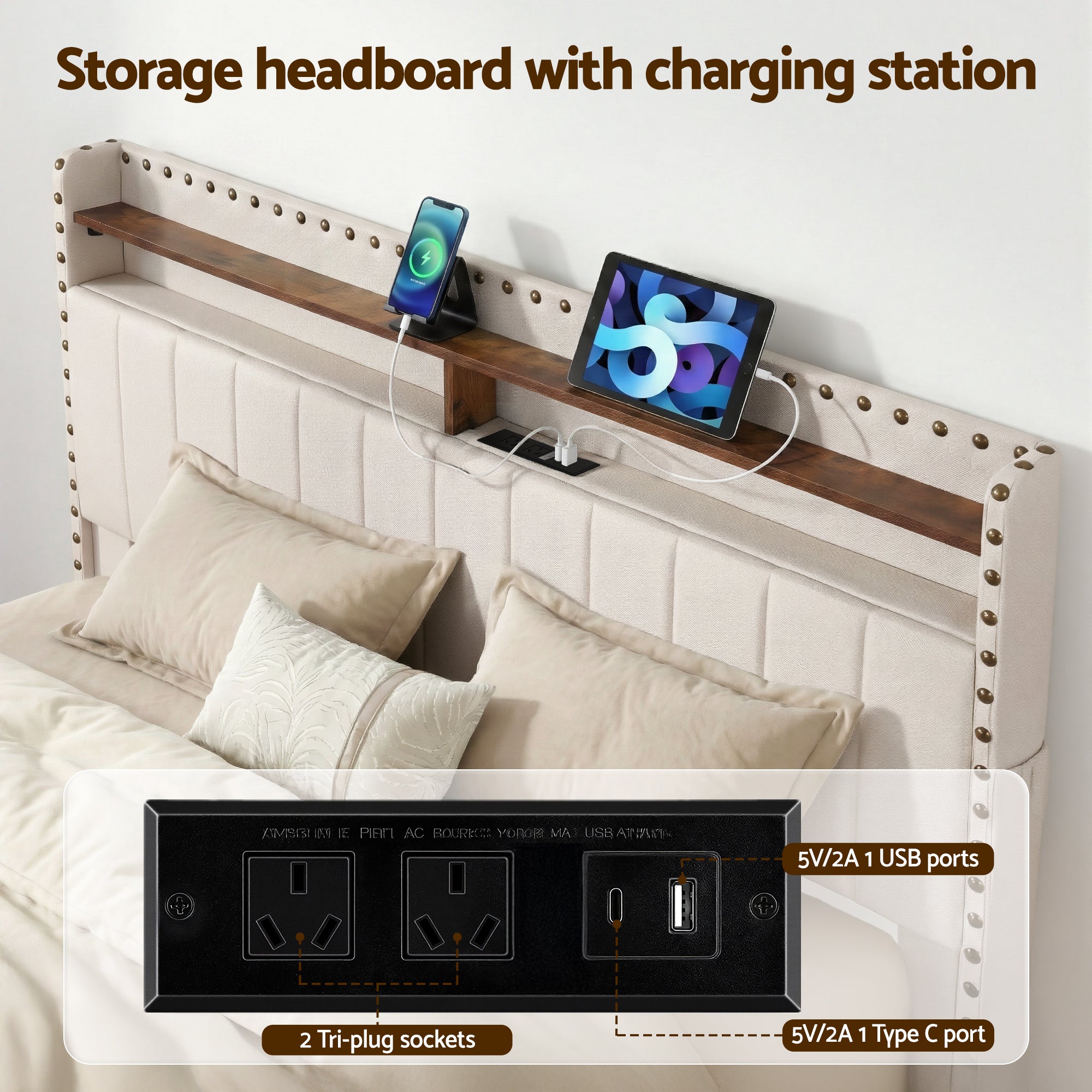 Artiss Queen Upholstered Bed Frame with Shelf Storage Drawers Charging Station Mood Lighting Linen BFRAME-G-NOUVEA-Q-BG-ABC