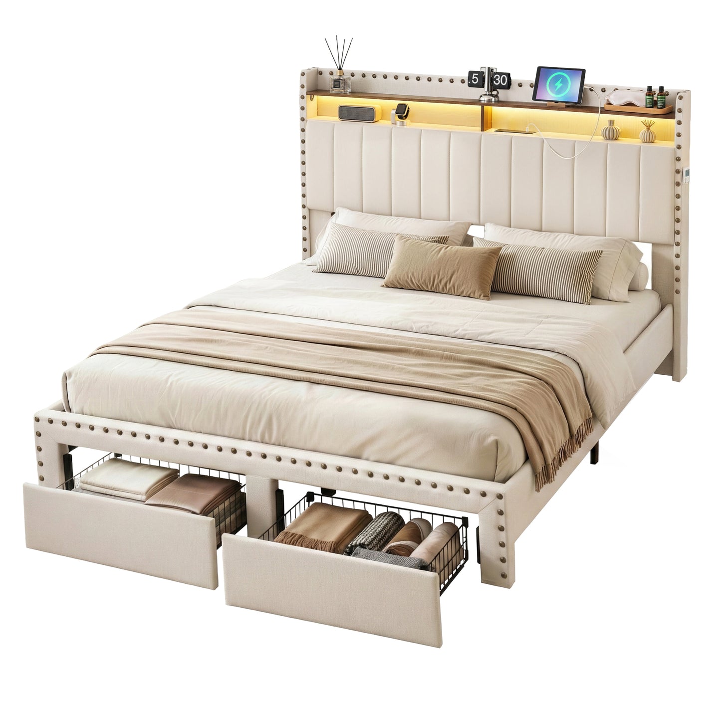 Artiss Queen Upholstered Bed Frame with Shelf Storage Drawers Charging Station Mood Lighting Linen BFRAME-G-NOUVEA-Q-BG-ABC