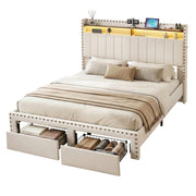 Artiss Queen Upholstered Bed Frame with Shelf Storage Drawers Charging Station Mood Lighting Linen BFRAME-G-NOUVEA-Q-BG-ABC
